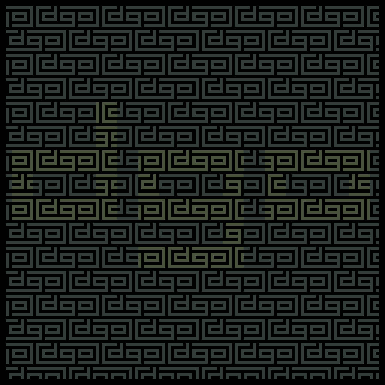 Dark green letters "dgo" repeatedly tiled in a brick pattern on a black background.
