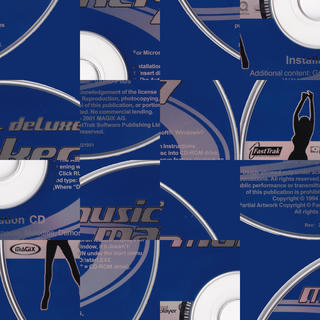 A blue Magix Music Maker CD cut into sixteen equal squares and randomly rearranged.