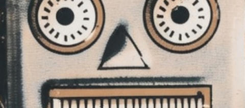 Close-up photo of a tin robot toy's face.